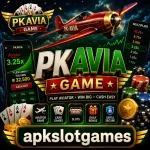 PKAVIA Game promotional banner featuring an Aviator airplane, casino chips, playing cards, and the Apkslotgames logo for Pakistani mobile gamers.