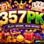 357PK Game interface featuring colorful slot machine reels, playing cards, gold coins, and casino-themed graphics with the text "APKSLOTGAMES" displayed in the bottom-right corner.