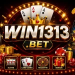 Win1313.bet game promotional banner featuring casino slots, playing cards, roulette, gold coins, and the APKSlotGames branding.