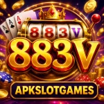 883V Game APK promotional banner with slot machine, casino chips, playing cards, gold coins, and APKSLOTGAMES branding.