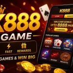 K888 Game promotional banner showing a mobile gaming interface with slots, card games, rewards, and APKSlotGames branding for an informational guide.