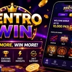 Zentro Win Game APK interface showing casino games, welcome bonus, secure login, fast payouts, and online earning platform for Android users in Pakistan.