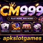 "CM999 game featured image with a glowing gold and purple casino theme, including a roulette wheel, slot machine, playing cards, dice, floating gold coins, and bold CM999 logo. The bottom of the image displays the text 'apkslotgames' on a premium black and gold banner."