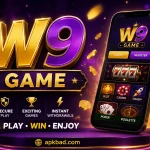 "W9 Game promotional banner featuring a mobile casino app with slot games, poker, roulette, playing cards, gold coins, and a purple neon background. The image highlights secure gameplay, instant withdrawals, and exciting online casino entertainment for players in Pakistan."