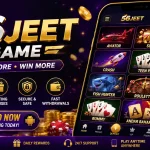 56JEET Game APK promotional banner featuring a smartphone displaying casino games, gold coins, playing cards, poker chips, and a purple luxury background with the text "56JEET Game – Play More, Win More."