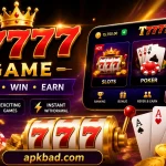 "T7777 Game promotional banner featuring a smartphone casino interface, slot machine, poker cards, Dragon Tiger game, gold coins, casino chips, and secure gaming icons with apkbad.com branding on a dark purple and gold background."