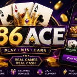 786ACE Game APK featured image showing a smartphone with casino-style games, playing cards, gold coins, poker chips, jackpot rewards, and a Play Now button on a purple and black background.