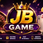 JB Game featured image showing a luxury casino-themed design with gold JB logo, roulette wheel, poker cards, casino chips, and coins on a purple background for online gaming in Pakistan.