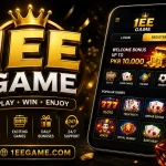 1EE Game promotional banner featuring a smartphone displaying the 1EE Game app interface with casino games, gold coins, poker cards, dice, and a welcome bonus on a black and gold background.