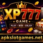 XP777 Game promotional banner featuring a gold XP777 logo, slot machine with 777 symbols, playing cards, casino chips, dice, gold coins, smartphone game interface, and the website name apkslotgames.net at the bottom.