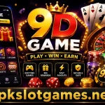 9d Game APK promotional banner with casino games, smartphone interface, cards, coins, and apkslotgames.net branding