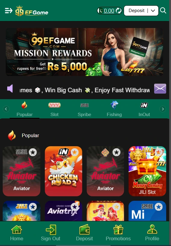 99EFGame Casino app home screen