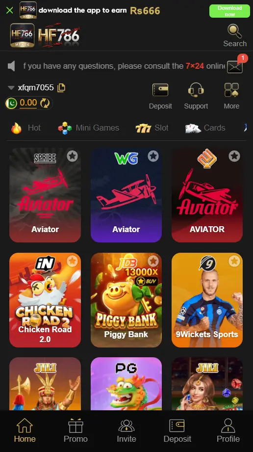 HF786 Game APK official interface showing real cash games and daily bonus on Android