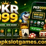 PKR999 Game promotional banner featuring a mobile gaming interface, casino-style graphics, golden coins, and apkslotgames.com branding.