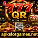 777QR Game APK promotional banner featuring 777 symbols, QR code, gaming icons, coins, and the text “apkslotgames.net” at the bottom.