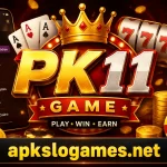 PK11 Game promotional banner featuring casino-style graphics, cards, coins, slot machine, smartphone interface, and the text “apkslogames.net” at the bottom.