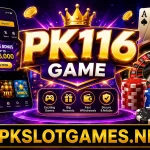 PK116 Game promotional banner featuring a glowing gold PK116 logo, casino-style graphics, mobile gaming interface, cards, roulette wheel, chips, and APKSLOTGAMES.NET displayed at the bottom.