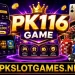 PK116 Game promotional banner featuring a glowing gold PK116 logo, casino-style graphics, mobile gaming interface, cards, roulette wheel, chips, and APKSLOTGAMES.NET displayed at the bottom.
