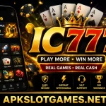 IC777 Game promotional banner featuring casino, card, slot, Aviator, and crash games with APKSLOTGAMES.NET displayed at the bottom.
