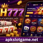 VH777 Game APK featured image showing a mobile casino gaming app interface with slots, Aviator, Dragon Tiger, roulette, coins, and the apkslotgame.net logo.