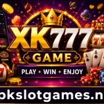 XK777 Game promotional banner featuring a mobile gaming app, slot machines, jackpot graphics, playing cards, casino chips, and apkslotgames.net branding at the bottom.”
