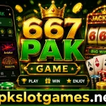 “667pak Game promotional banner featuring a mobile gaming app, slot machines, jackpot graphics, playing cards, casino chips, and apkslotgames.net branding at the bottom.”