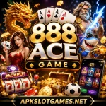 888ACE Game APK featuring casino games, playing cards, jackpot slots, gaming characters, and APKSLOTGAMES.NET branding.