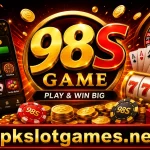 98S Game APK promotional banner featuring casino-style games, 98S logo, gaming smartphone interface, cards, roulette wheel, slot machine, coins, and apkslotgames.net branding.