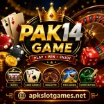 PAK14 Game casino banner featuring playing cards, roulette wheel, dice, casino chips, slots, card games, fish games, and sports betting icons, with apkslotgames.net displayed at the bottom.