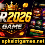 TR2026 Game APK promotional banner featuring casino-style games, a smartphone interface, playing cards, coins, and apkslotgames.net branding.