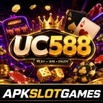UC588 Game APK – casino slot game graphic featuring the UC588 logo, casino chips, cards, dice, and APKSLOTGAMES branding