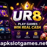 UR8 Game promotional banner featuring a smartphone interface, casino-style gaming graphics, gold coins, slot machine, and the text "apkslotgames.net" at the bottom.
