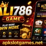 ALI786 Game promotional banner featuring a mobile casino gaming app, gold coins, playing cards, slots, and a smartphone, with apkslotgames.net branding.