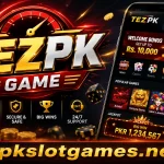 TezPK Game promotional banner featuring a smartphone gaming interface, casino-style graphics, gold coins, cards, roulette, and the text “apkslotgames.net” at the bottom.
