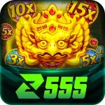 Z555 game app logo on a smartphone surrounded by casino elements.
