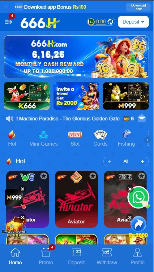 Smartphone screen displaying the main home interface of the 666H Game app with download button.