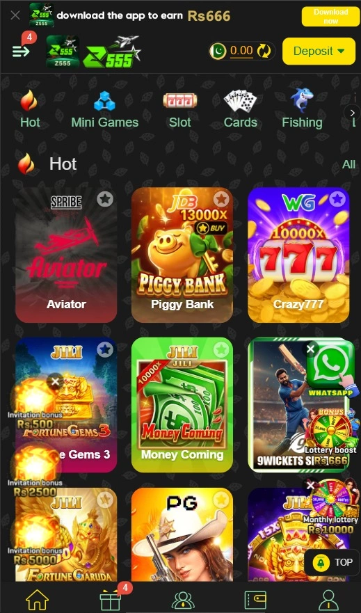 Z555 game app dashboard displaying game lobby options and wallet balance.