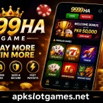 999HA Game APK promotional banner featuring a smartphone gaming interface, casino cards, chips, coins, and 999HA branding with apkslotgames.net at the bottom.
