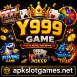 Y999 Game APK promotional banner with bold gaming graphics, vibrant casino-style visuals, and “apkslotgames.net” displayed at the bottom.