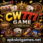 cw773 Game APK promotional banner with bold gaming graphics, vibrant casino-style visuals, and “apkslotgames.net” displayed at the bottom.
