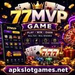 77MVP Game APK promotional banner with casino games, smartphone interface, cards, coins, and apkslotgames.net branding