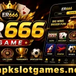 ER666 Game promotional banner featuring casino games, slots, cards, roulette, sports betting, and a smartphone app interface, with apkslotgames.net branding.